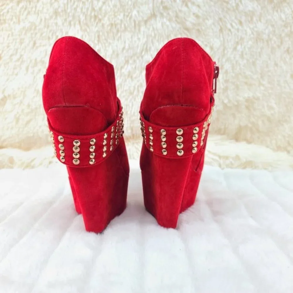 * Mona Mia Red Adorable Faux Suede Peep Toe Wedge Booty